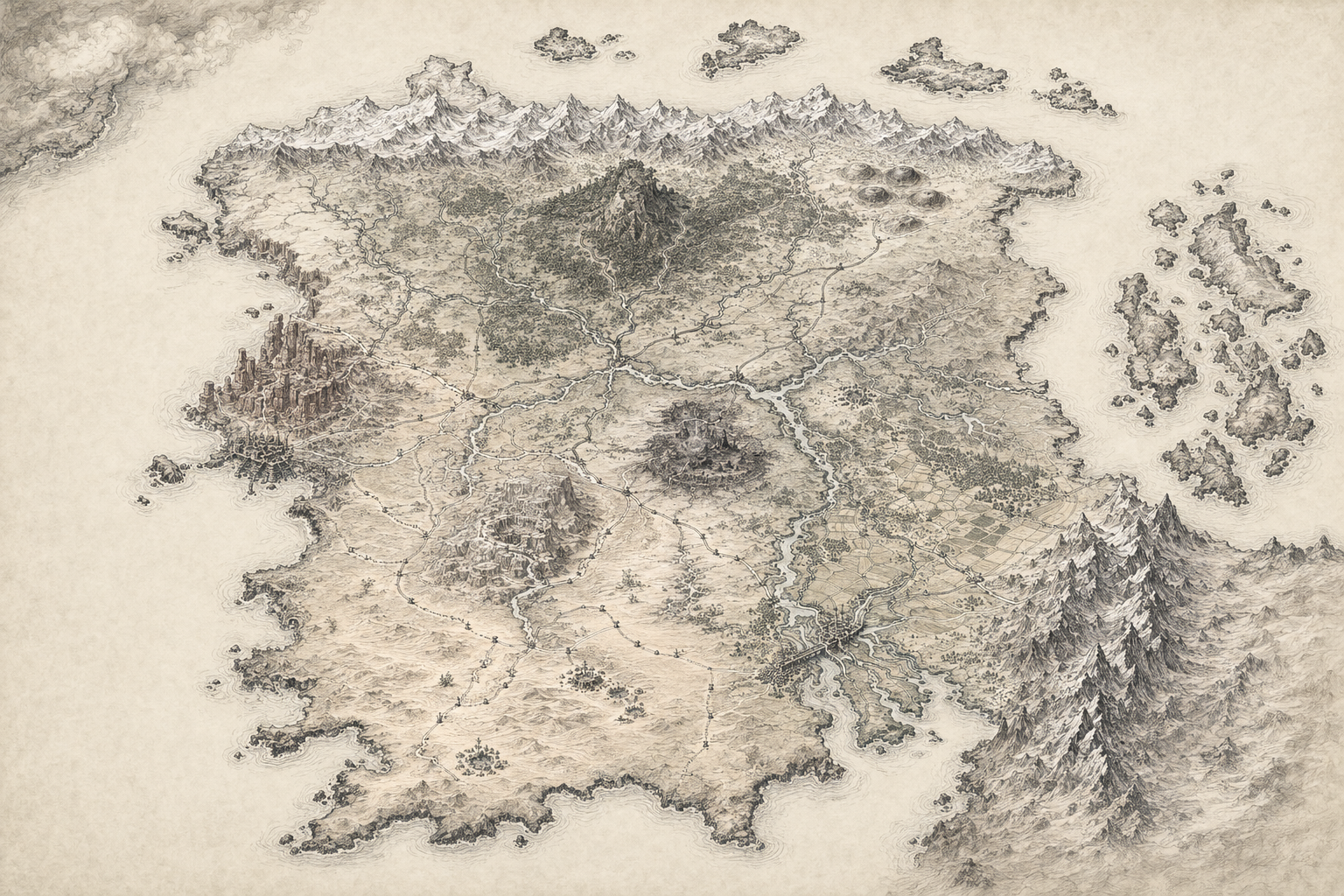 Mapa completo del mundo de Iris dibujado con aspecto de grafito
