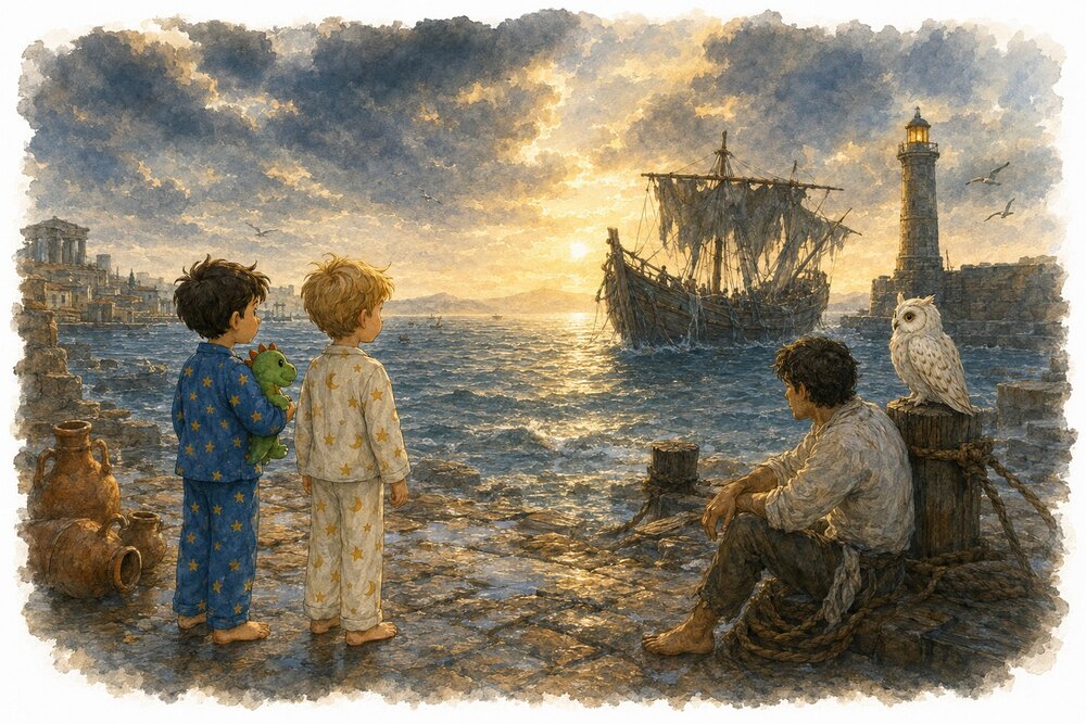 Marco y Nico ante el mar durante la aventura de Zenón